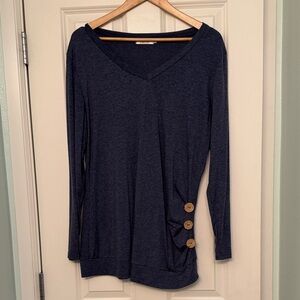 Elegant Navy Long Sleeve V-Neck Top with Button Accents